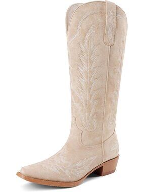 Women's Suede Khaki Knee High Boots Wide Calf Retro Chunky Heel Pointed Toe